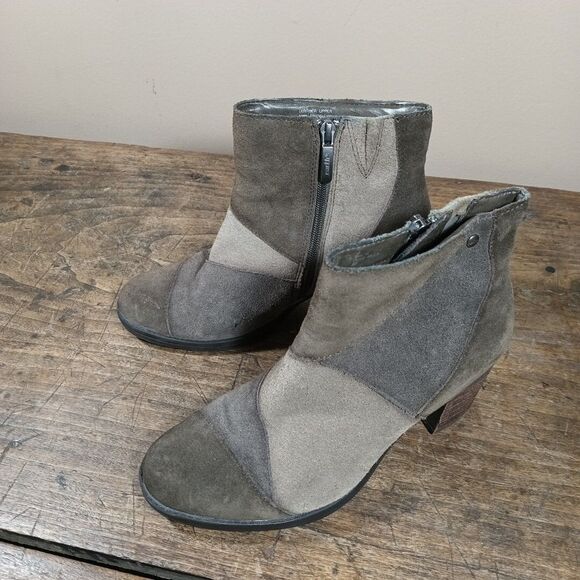 Earth Malta Suede Leather Ankle Bootie Sz 8 B Boho Patchwork Chunky Green Gray - Picture 3 of 12